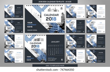 Desk Calendar 2018 template - 12 months included - A5 Size 