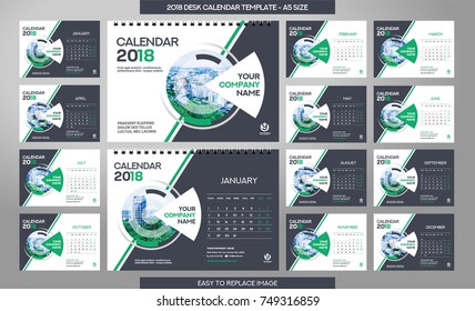 Desk Calendar 2018 template - 12 months included - A5 Size 