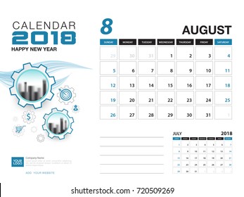 Desk calendar 2018 template. AUGUST 2018 month. Planner. Week starts on Sunday. Stationery design. advertisement. flyer. vector layout.
