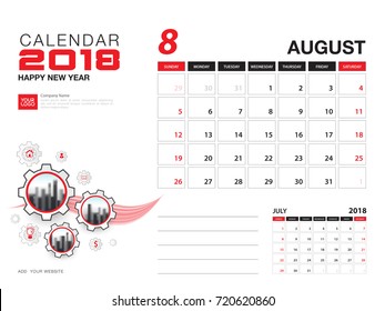 Desk calendar 2018 template. AUGUST 2018 month. Planner. Week starts on Sunday. Stationery design. advertisement. flyer. vector layout.
