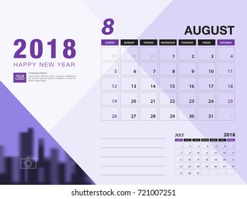 Desk calendar 2018 template. AUGUST 2018 month. Planner. Week starts on Sunday. Stationery design. advertisement. flyer. vector layout.
