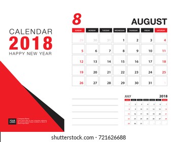 Desk calendar 2018 template. AUGUST 2018 month. Planner. Week starts on Sunday. Stationery design. advertisement. flyer. vector layout.
