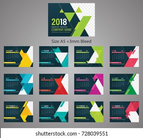 Desk calendar 2018 template, CMYK color ready for printing. Size A5 210x148mm with 3mm Bleed