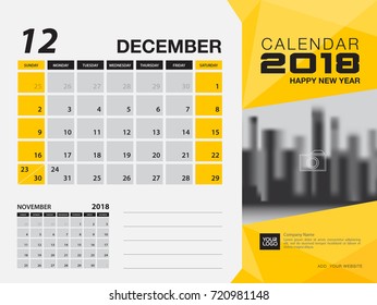 Desk calendar 2018 template. DECEMBER 2018 month. Planner. Week starts on Sunday. Stationery design. advertisement. flyer. vector layout.