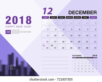 Desk calendar 2018 template, DECEMBER 2018 month. Planner. Week starts on Sunday. Stationery design. advertisement. flyer. vector layout.
