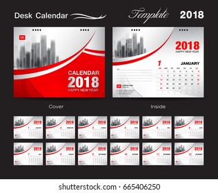 Desk Calendar 2018 template design, red cover, Set of 12 Months, Business calendar creative