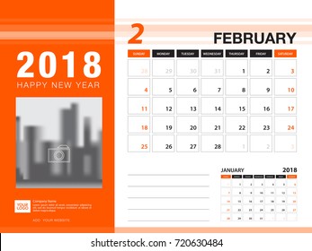 Desk calendar 2018 template. FEBRUARY 2018 month. Planner. Week starts on Sunday. Stationery design. advertisement. flyer. vector layout.
