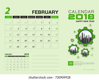 Desk calendar 2018 template. FEBRUARY 2018 month. Planner. Week starts on Sunday. Stationery design. advertisement. flyer. vector layout.
