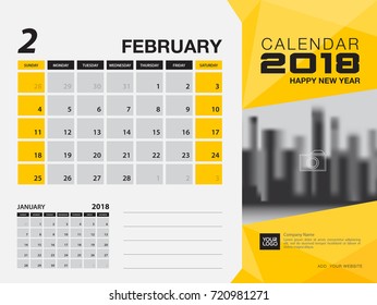 Desk calendar 2018 template. FEBRUARY 2018 month. Planner. Week starts on Sunday. Stationery design. advertisement. flyer. vector layout.
