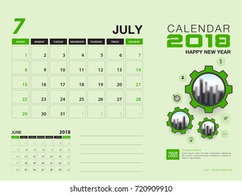 Desk calendar 2018 template. JULY 2018 month.  Planner. Week starts on Sunday. Stationery design. advertisement. flyer. vector layout.
