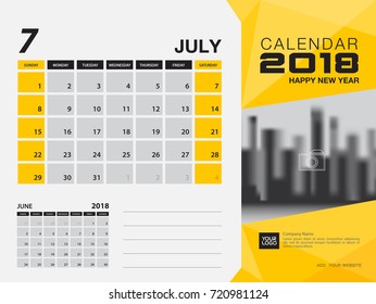 Desk calendar 2018 template. JULY 2018 month.  Planner. Week starts on Sunday. Stationery design. advertisement. flyer. vector layout.
