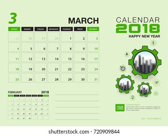 Desk calendar 2018 template. MARCH 2018 month. Planner. Week starts on Sunday. Stationery design. advertisement. flyer. vector layout.
