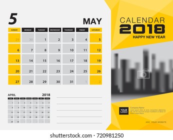 Desk calendar 2018 template. MAY 2018 month. Planner. Week starts on Sunday. Stationery design. advertisement. flyer. vector layout.
