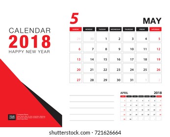 Desk calendar 2018 template. MAY 2018 month. Planner. Week starts on Sunday. Stationery design. advertisement. flyer. vector layout.
