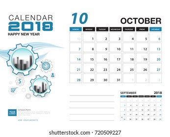 Desk calendar 2018 template. OCTOBER 2018 month. Planner. Week starts on Sunday. Stationery design. advertisement. flyer. vector layout.
