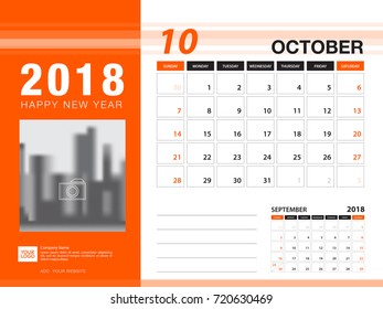 Desk calendar 2018 template. OCTOBER 2018 month. Planner. Week starts on Sunday. Stationery design. advertisement. flyer. vector layout.
