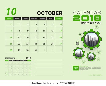 Desk calendar 2018 template. OCTOBER 2018 month. Planner. Week starts on Sunday. Stationery design. advertisement. flyer. vector layout.
