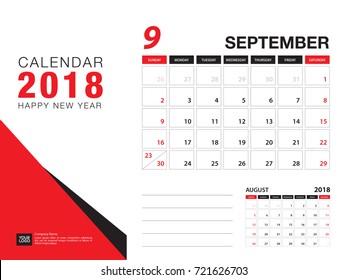 Desk calendar 2018 template. SEPTEMBER 2018 month. Planner. Week starts on Sunday. Stationery design. advertisement. flyer. vector layout.
