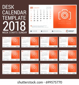 Desk calendar for 2018 year. Design template with place for photo. Week starts on Sunday. Set of 12 pages. Vector Illustration