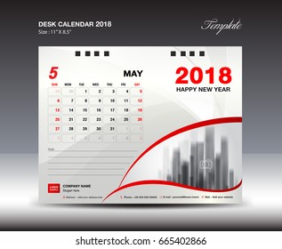 Desk Calendar for 2018 Year, May 2018, Week starts Monday, Stationery design