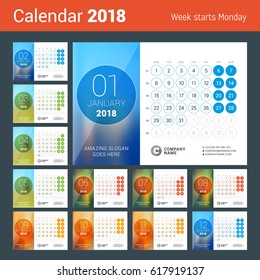 Calendario para 2018. Plantilla de impresión de diseño de vectores con lugar para foto. La semana empieza el lunes. Cuadrícula de calendario con números de semana