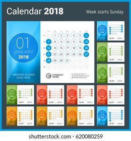 Desk Calendar for 2018 Year. Vector Design Print Template. Week Starts on Sunday. Calendar Grid with Week Numbers