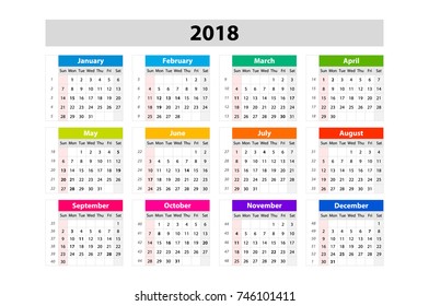 Desk Calendar for 2018 Year. Vector Design Print Template. Week Starts on Sunday. Calendar Grid with Week Numbers art