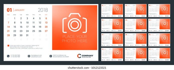 Desk calendar for 2018 year. Week starts on Monday. Vector design print template