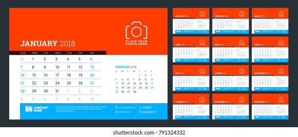 Desk calendar for 2018 year. Week starts on Monday. Vector design print template