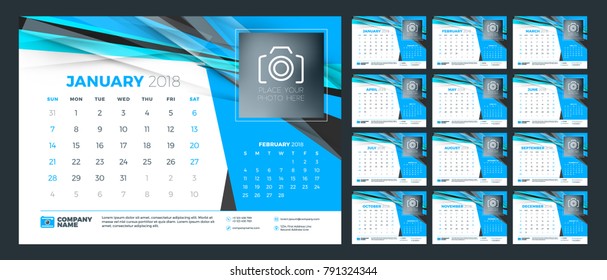 Desk calendar for 2018 year. Week starts on Monday. Vector design print template
