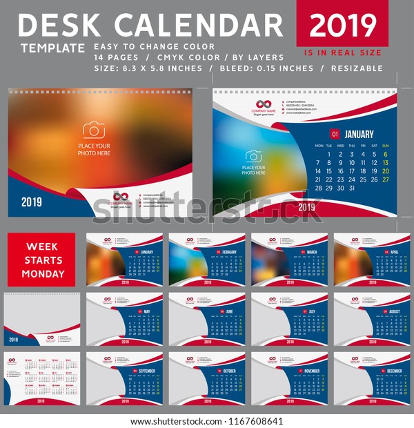 Desk calendar 2019. Desk calendar 2020, Desktop\
calendar template. Week starts on Monday. Vector Illustration.\
suitable for company. spiral\
calendar