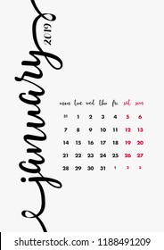 Desk Calendar 2019 Design. Page 1 of 12 - January 2019. 12 Months Pages Set.  Table Diary Design Layout. Vector and Editable Planner Template A4 size.