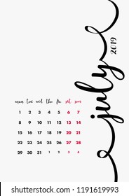 Desk Calendar 2019 Design. Page 7 of 12 - July 2019. 12 Months Pages Set.  Table Diary Design Layout. Vector and Editable Planner Template A5 size.