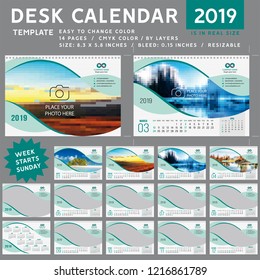 Desk calendar 2019, desktop calendar template, teal calendar, Week starts on Sunday, Vector Illustration, spiral calendar