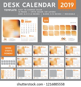 Desk calendar 2019. desktop calendar template. orange calendar. Week starts on Monday. Vector Illustration. suitable for company spiral calendar