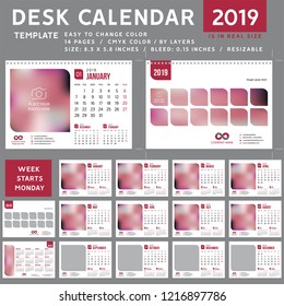 Desk calendar 2019. desktop calendar template. wine calendar. Week starts on Monday. Vector Illustration. suitable for company spiral calendar