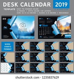 Desk calendar 2019, desktop calendar template, torn calendar 02 blue