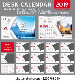 Desk calendar 2019, desktop calendar template, torn paper calendar