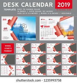 Desk calendar 2019, desktop calendar template, red calendar 0032