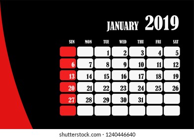 Desk calendar 2019 January design layout template vector for corporate business week start on Sunday
