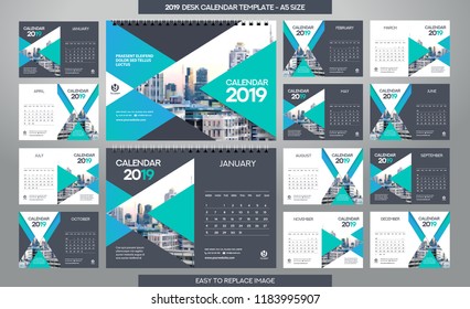 Desk Calendar 2019 template - 12 months included - A5 Size 