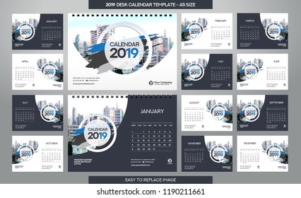 Desk Calendar 2019 template - 12 months included - A5 Size 