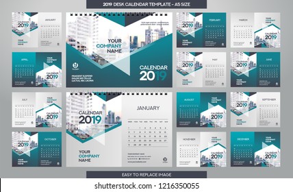 Desk Calendar 2019 template - 12 months included - A5 Size 