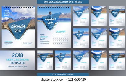 Desk Calendar 2019 template - 12 months included - A5 Size 