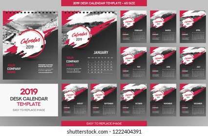 Desk Calendar 2019 template - 12 months included - A5 Size 