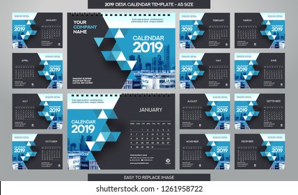 Desk Calendar 2019 template - 12 months included - A5 Size 