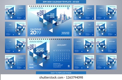 Desk Calendar 2019 template - 12 months included - A5 Size 