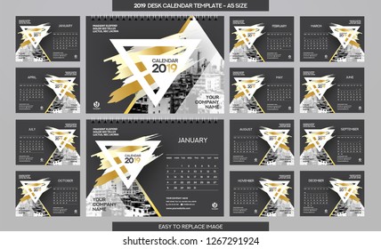 Desk Calendar 2019 template - 12 months included - A5 Size 