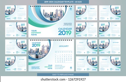 Desk Calendar 2019 template - 12 months included - A5 Size 