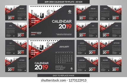 Desk Calendar 2019 template - 12 months included - A5 Size 